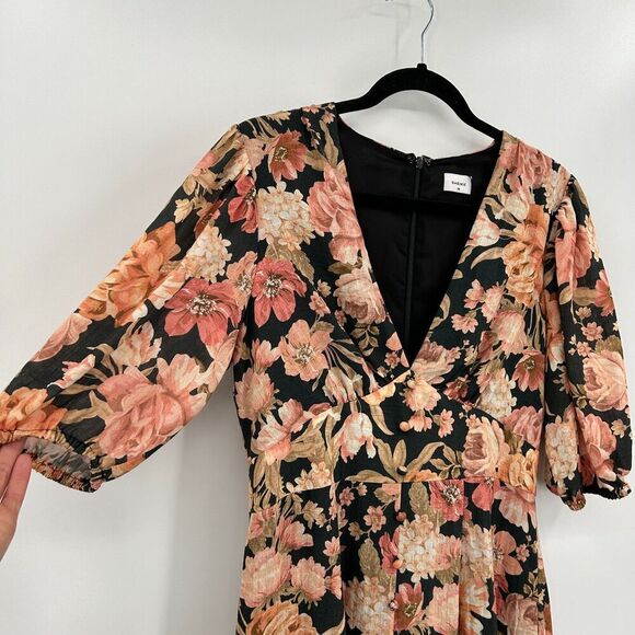 NWOT SHEIKE Orange Black Floral Print Button Down Puff Sleeve Boho Midi Dress 10 - Picture 3 of 9